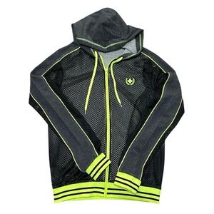 Andrew Christian Men’s Full Zip Part-Mesh Hoodie Jacket Size Med Black-Gray-Neon
